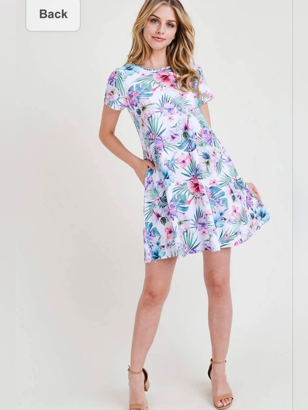 Floral Tropical Short Sleeve Swing Dress - White with Pink & Blue Flowers